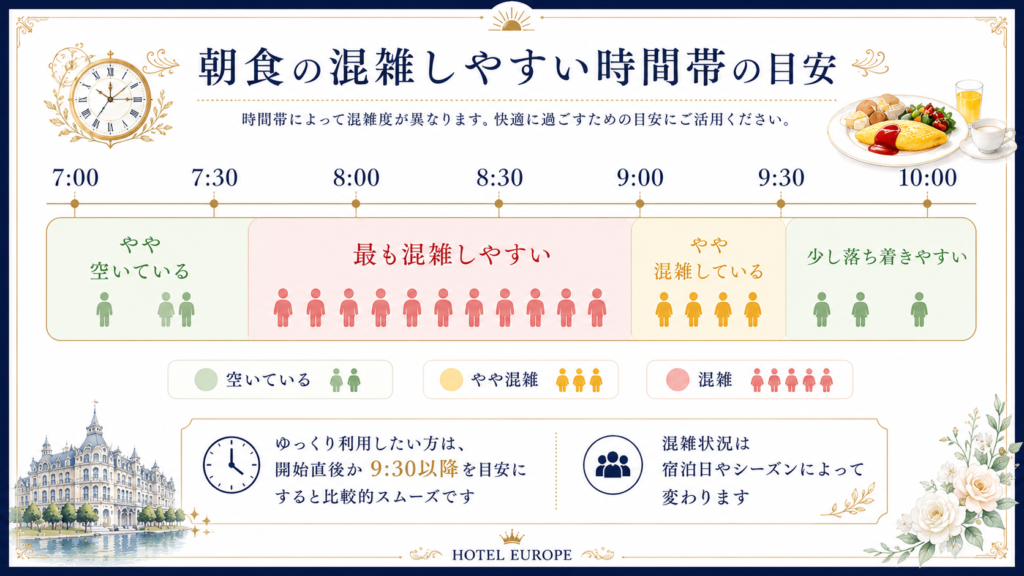 ホテルヨーロッパの朝食の混雑しやすい時間帯のイメージ図