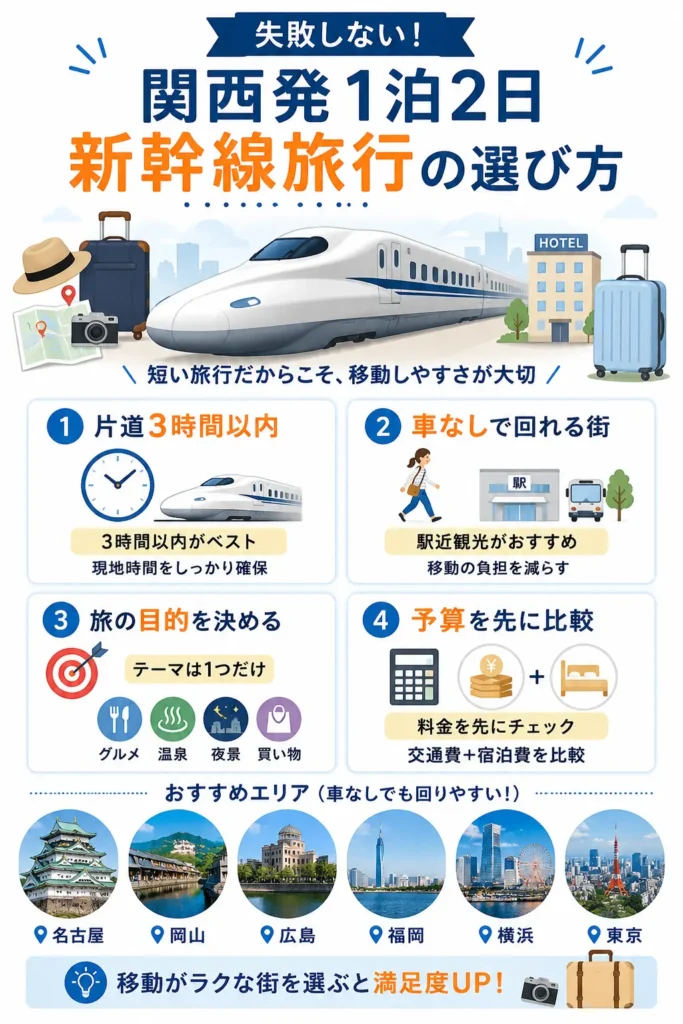 関西から新幹線で行く1泊2日旅行の選び方