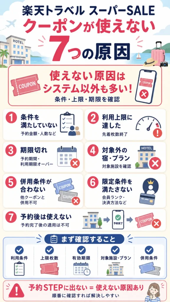 楽天トラベルスーパーセールのクーポンが使えない7つの原因