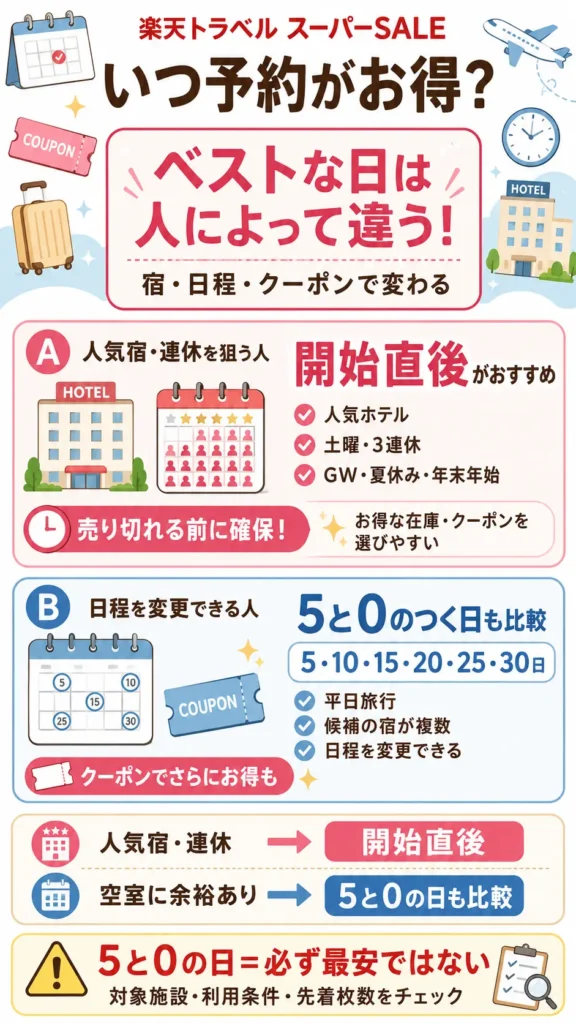 楽天トラベルスーパーセールはいつ予約がお得？結論